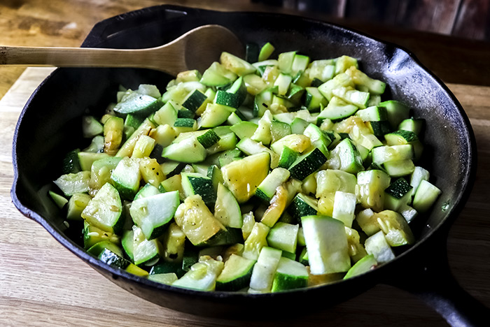 Lightly Browned Zucchini in Cast Iron Skillet