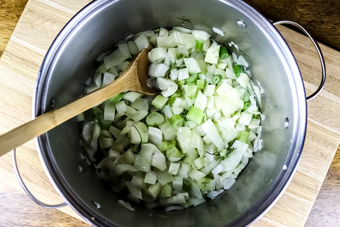 Chopped Fennel & Onion in Large Pot on Stove
