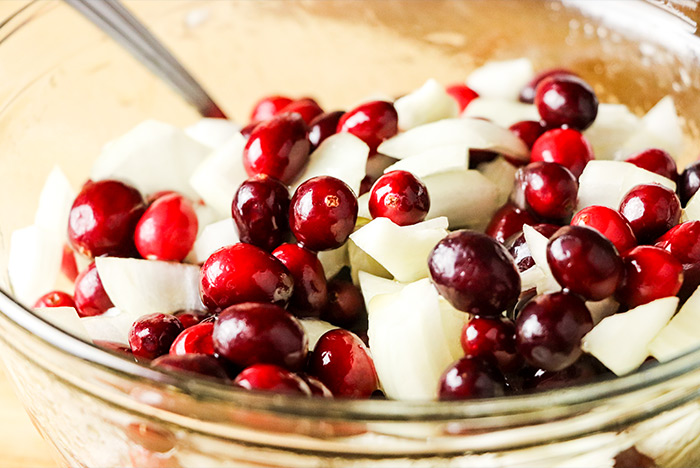 Cranberries, Onion & Maple Syrup in a Bowl