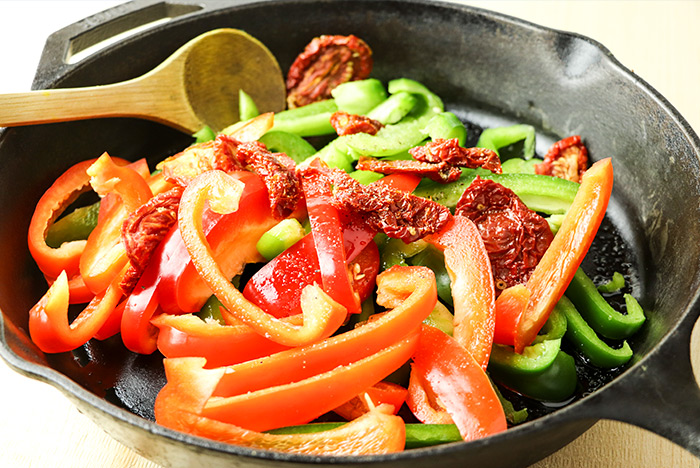 Bell Peppers Inside Cast Iron Skillet