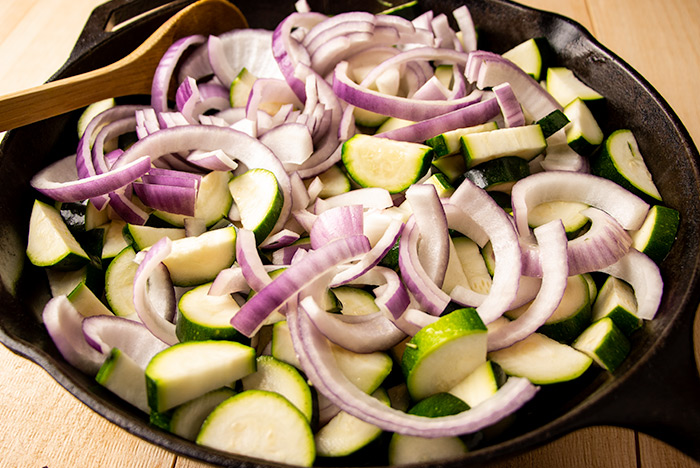 Red Onion & Zucchini in Cast Iron Skillet