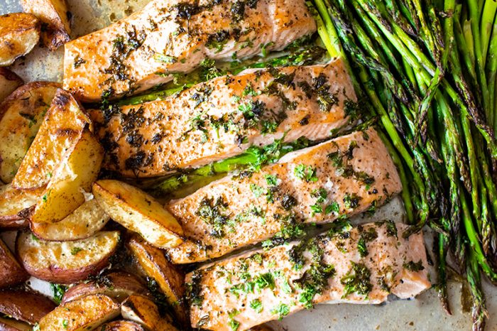 Roasted Salmon, Asparagus & Potatoes with Garlic Butter Recipe